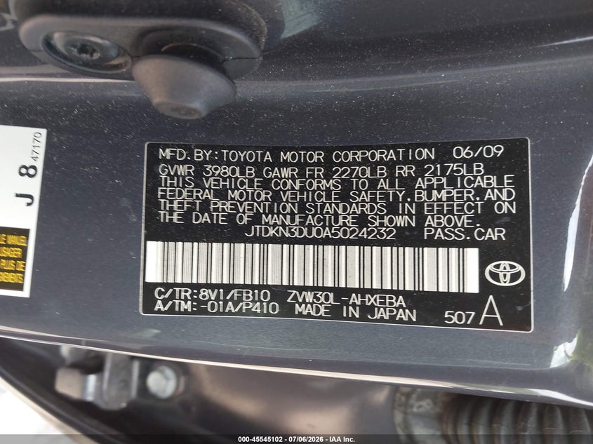 2010 Toyota Prius VIN JTDKN3DU0A5024232 IAAI salvage auction — NORMAL WEAR, Clear (Montana), sold $325 on 2026-07-28 (photo 9)