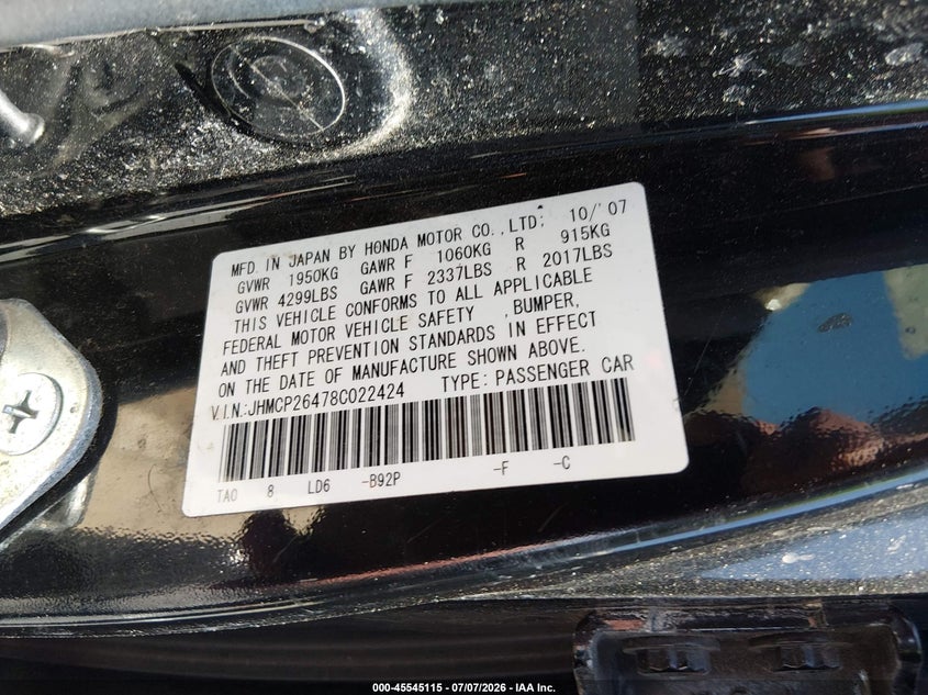 2008 Honda Accord VIN JHMCP26478C022424 IAAI salvage auction — SIDE, Clear - Dealer Only (California), sold $375 on 2026-07-22 (photo 9)
