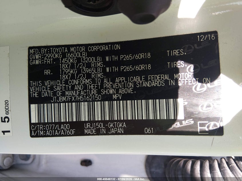 2017 Lexus Gx VIN JTJBM7FX7H5162150 IAAI salvage auction — FRONT END, Salvage (Missouri), sold $11,500 on 2026-07-31 (photo 9)