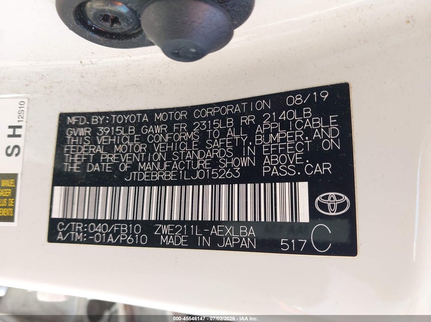 2020 Toyota Corolla VIN JTDEBRBE1LJ015263 IAAI salvage auction — NORMAL WEAR, Salvage (California), sold $5,250 on 2026-07-30 (photo 9)