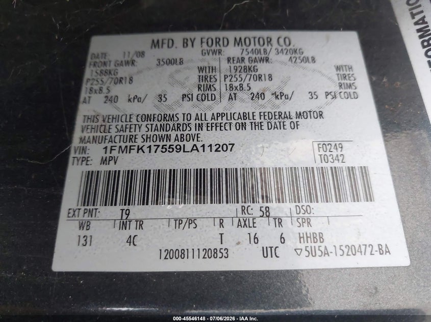 2009 Ford Expedition VIN 1FMFK17559LA11207 IAAI salvage auction — NORMAL WEAR, Clear (Texas), sold $550 on 2026-07-09 (photo 9)