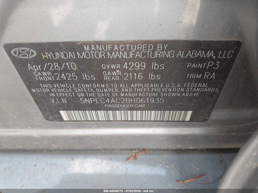 2011 Hyundai Sonata VIN 5NPEC4AC2BH061935 IAAI salvage auction — NORMAL WEAR, Clear (Indiana), sold $350 on 2026-07-29 (photo 9)
