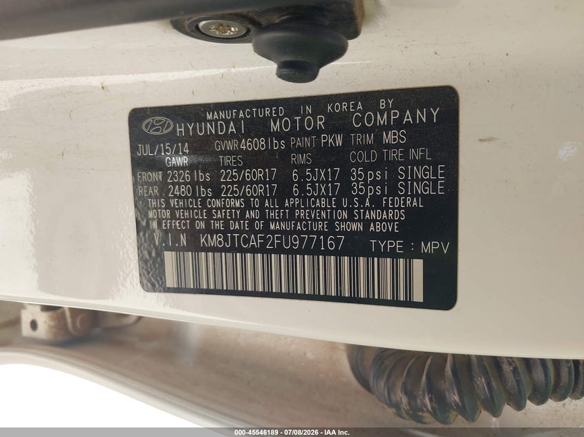 2015 Hyundai Tucson VIN KM8JTCAF2FU977167 IAAI salvage auction — NORMAL WEAR, Original (Texas), sold $1,450 on 2026-07-16 (photo 9)