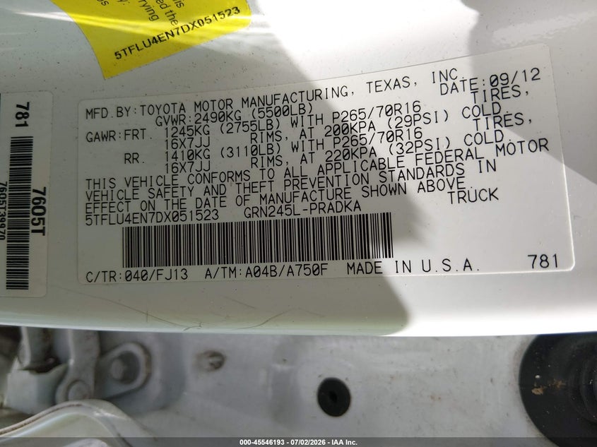 2013 Toyota Tacoma VIN 5TFLU4EN7DX051523 IAAI salvage auction — RIGHT FRONT, Salvage Title, sold $6,300 on 2026-07-30 (photo 9)