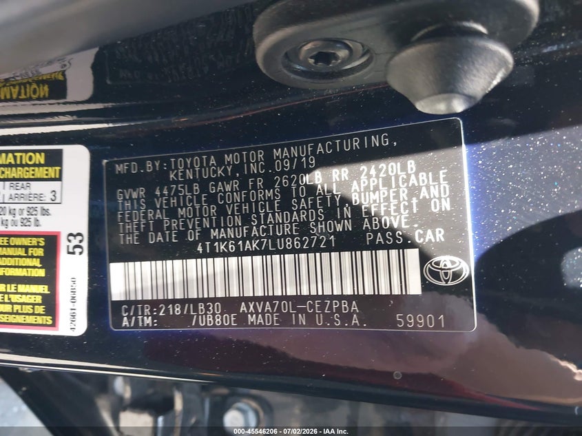 2020 Toyota Camry VIN 4T1K61AK7LU862721 IAAI salvage auction — LEFT REAR, Salvage Certificate (California), sold $5,600 on 2026-07-26 (photo 9)