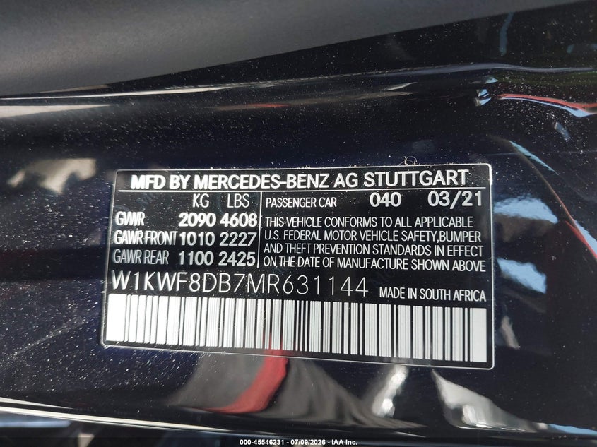 2021 Mercedes-benz C-klasse VIN W1KWF8DB7MR631144 IAAI salvage auction — RIGHT REAR, Salvage Certificate (California), sold $6,500 on 2026-07-22 (photo 9)