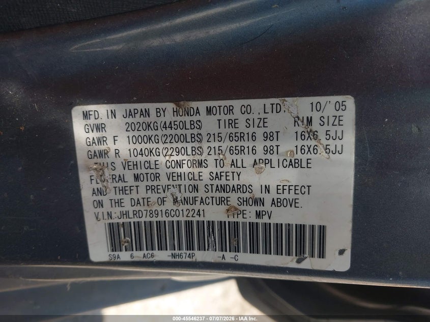 2006 Honda Cr-v VIN JHLRD78916C012241 IAAI salvage auction — NORMAL WEAR, Clear (Kansas), sold $525 on 2026-07-29 (photo 9)