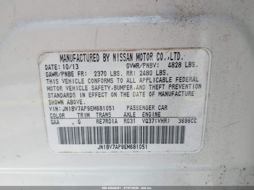 2014 Infiniti Q50 VIN JN1BV7AP9EM681051 IAAI salvage auction — NORMAL WEAR, Clear (Florida), sold $1,100 on 2026-07-23 (photo 9)