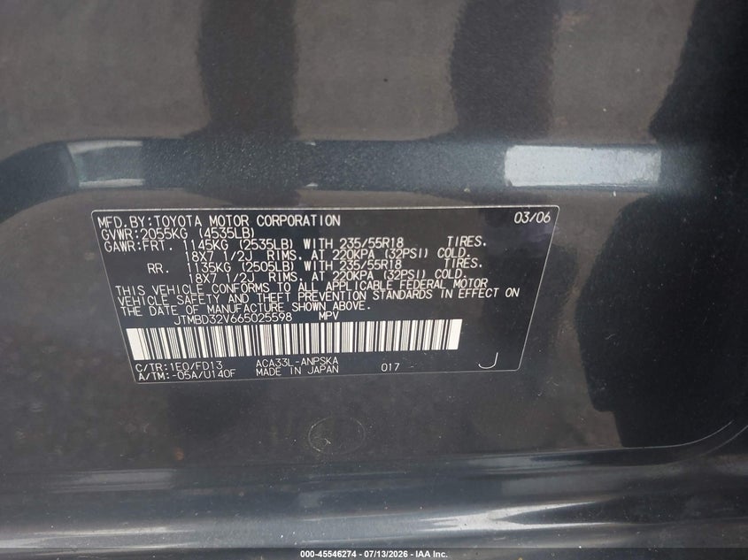 2006 Toyota Rav4 VIN JTMBD32V665025598 IAAI salvage auction — NORMAL WEAR, Clear (Florida), sold $700 on 2026-07-28 (photo 9)