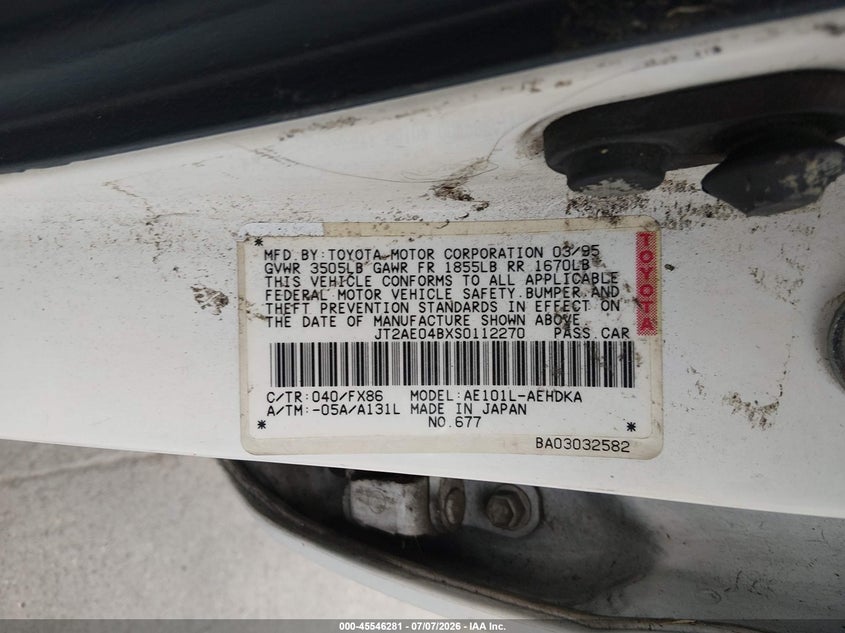 1995 Toyota Corolla VIN JT2AE04BXS0112270 IAAI salvage auction — NORMAL WEAR, Clear - Dealer Only (California), sold $300 on 2026-07-13 (photo 9)