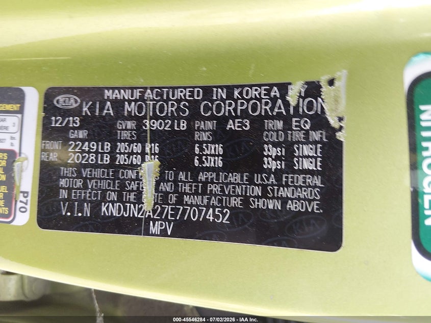 2014 Kia Soul VIN KNDJN2A27E7707452 IAAI salvage auction — NORMAL WEAR, Original (Texas), sold $600 on 2026-07-28 (photo 9)