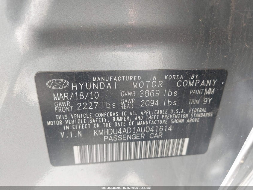 2010 Hyundai Elantra VIN KMHDU4AD1AU041614 IAAI salvage auction — NORMAL WEAR, Salvage Title - Dealer (California), sold $1,050 on 2026-07-14 (photo 9)