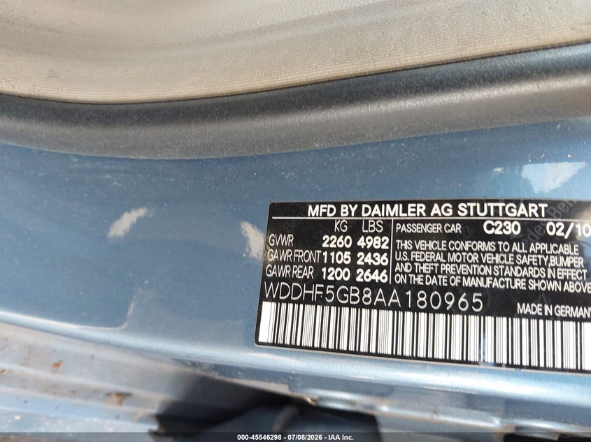 2010 Mercedes-benz E-class VIN WDDHF5GB8AA180965 IAAI salvage auction — NORMAL WEAR, Original (Texas), sold $575 on 2026-08-11 (photo 9)