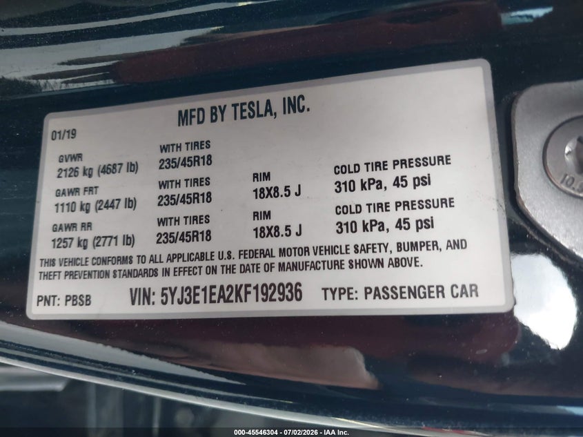 2019 Tesla Model 3 VIN 5YJ3E1EA2KF192936 IAAI salvage auction — REAR END, Salvage Title, sold $5,975 on 2026-08-01 (photo 9)