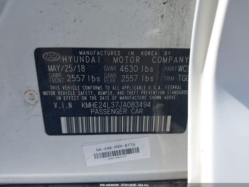 2018 Hyundai Sonata hybrid VIN KMHE24L37JA083494 IAAI salvage auction — NORMAL WEAR, Sf97 (Hawaii), sold $525 on 2026-07-28 (photo 9)