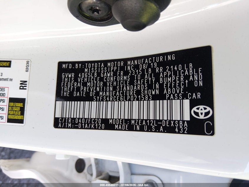 2020 Toyota Corolla VIN 5YFS4RCE6LP021583 IAAI salvage auction — FRONT & REAR, Salvage Title, sold $7,500 on 2026-07-17 (photo 9)