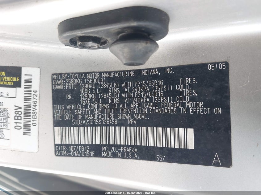 2005 Toyota Sienna VIN 5TDZA23C15S336458 IAAI salvage auction — NORMAL WEAR, Clear (Florida), sold $500 on 2026-07-22 (photo 9)