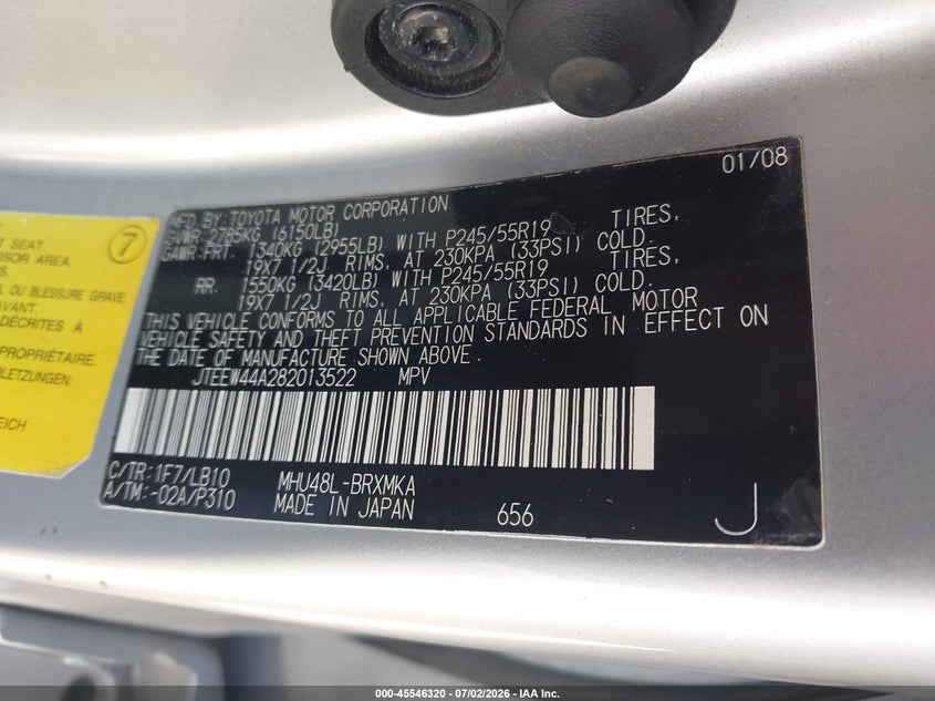 2008 Toyota Highlander hybrid VIN JTEEW44A282013522 IAAI salvage auction — NORMAL WEAR, Restored (Arizona), sold $1,250 on 2026-07-09 (photo 9)