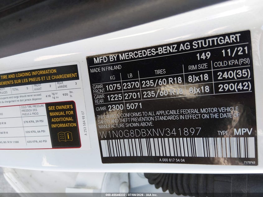 2022 Mercedes-benz Glc VIN W1N0G8DBXNV341897 IAAI salvage auction — REAR END, Salvage (California), sold $8,600 on 2026-07-29 (photo 9)