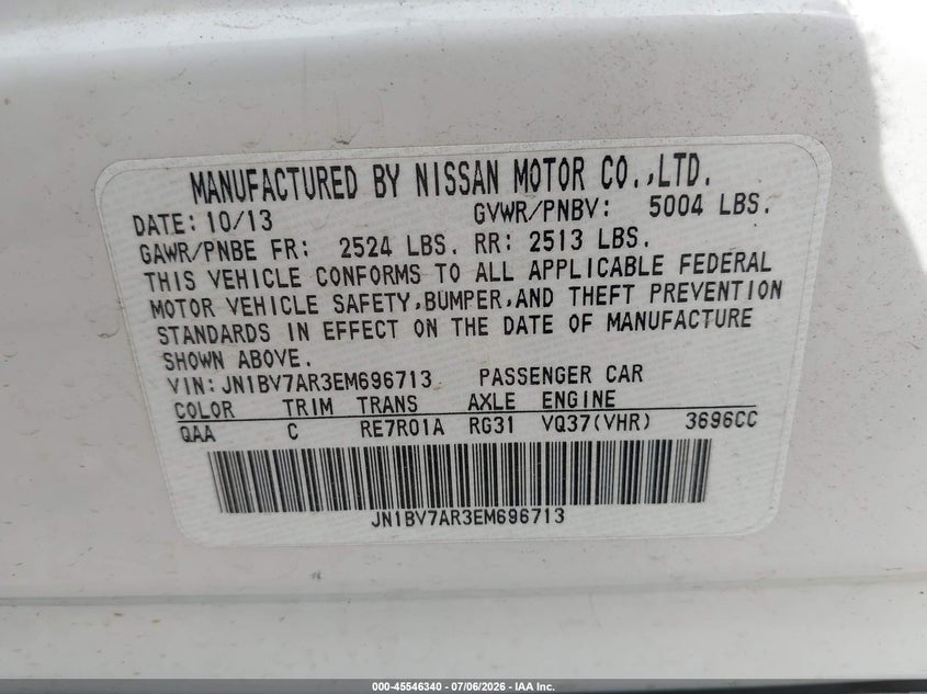 2014 Infiniti Q50 VIN JN1BV7AR3EM696713 IAAI salvage auction — NORMAL WEAR, Original (Maine), sold $250 on 2026-07-27 (photo 9)