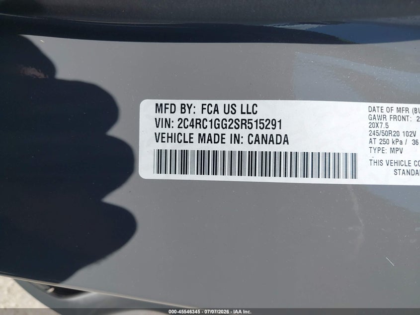 2025 Chrysler Pacifica VIN 2C4RC1GG2SR515291 IAAI salvage auction — HAIL, Enterprise Vehicles Clear Only (Florida), sold $20,200 on 2026-07-29 (photo 9)