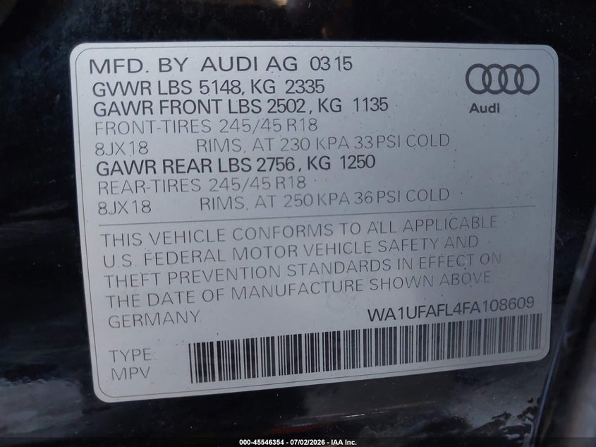 2015 Audi Allroad VIN WA1UFAFL4FA108609 IAAI salvage auction — RIGHT SIDE, Salvage (California), sold $2,275 on 2026-07-16 (photo 9)