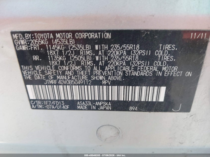 2011 Toyota Rav4 VIN JTMRF4DV0B5049112 IAAI salvage auction — NORMAL WEAR, Clear (Missouri), sold $600 on 2026-07-29 (photo 9)