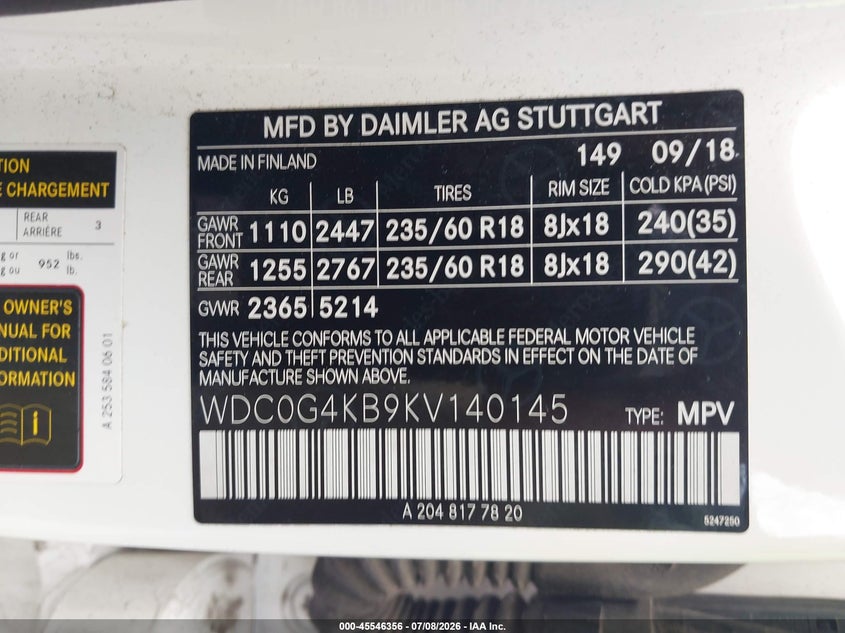 2019 Mercedes-benz Glc VIN WDC0G4KB9KV140145 IAAI salvage auction — LEFT FRONT, Salvage Title, sold $8,000 on 2026-08-17 (photo 9)