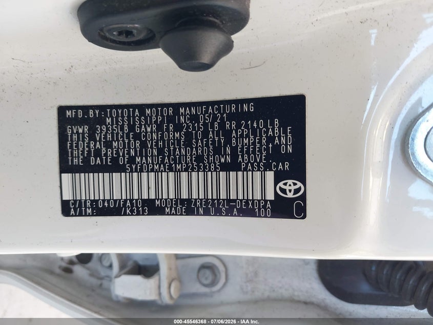 2021 Toyota Corolla VIN 5YFDPMAE1MP253385 IAAI salvage auction — BIOHAZARD/CHEMICAL, Bill Of Sale (Washington), sold $5,100 on 2026-08-02 (photo 9)