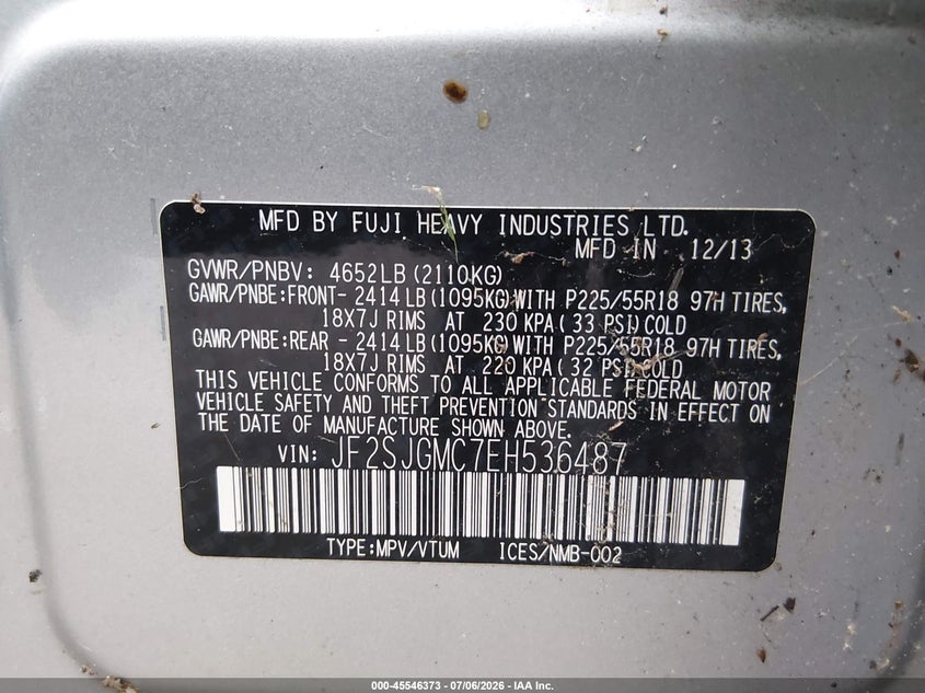 2014 Subaru Forester VIN JF2SJGMC7EH536487 IAAI salvage auction — NORMAL WEAR, Clear (New Jersey), sold $2,000 on 2026-07-14 (photo 9)