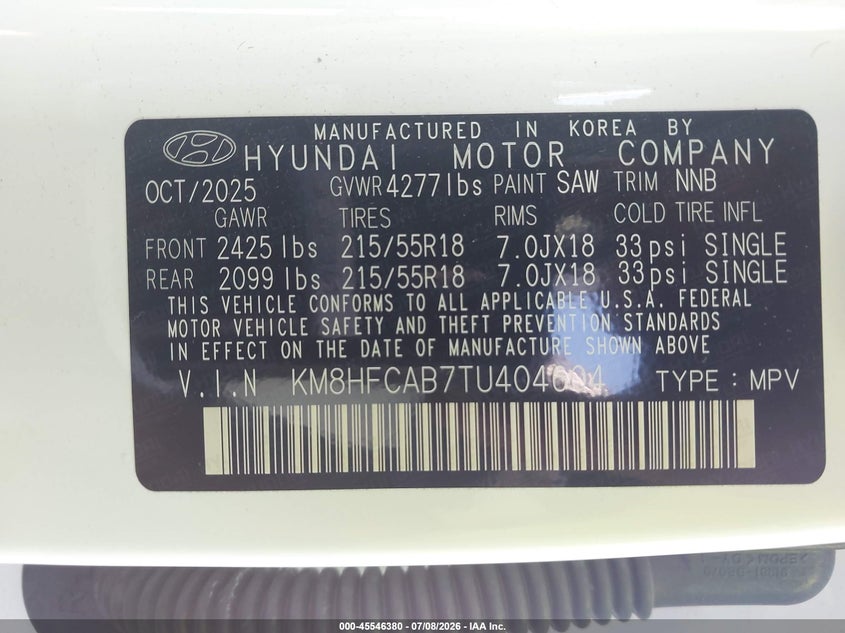 2026 Hyundai Kona VIN KM8HFCAB7TU404604 IAAI salvage auction — FRONT END, Wait Title, sold $7,100 on 2026-08-19 (photo 9)