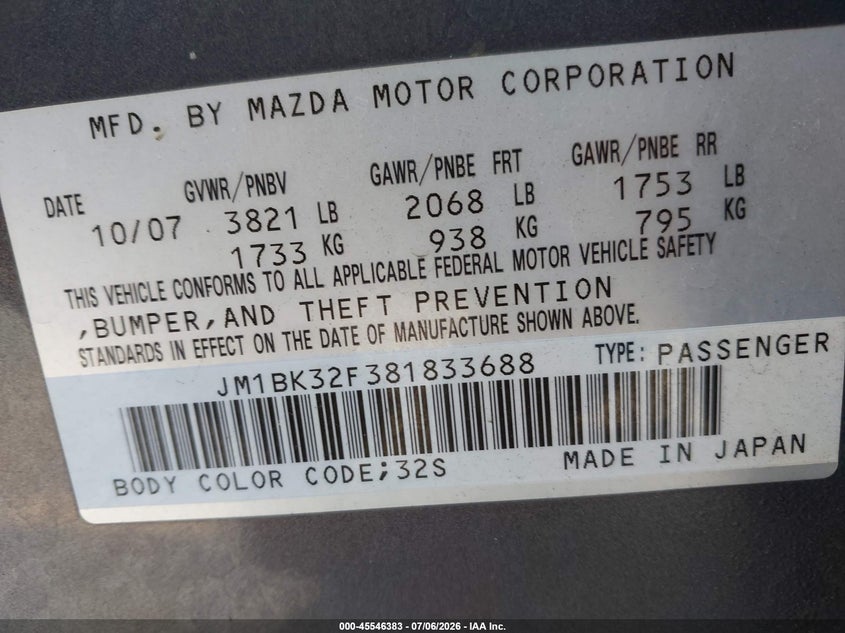 2008 Mazda 3 VIN JM1BK32F381833688 IAAI salvage auction — FRONT & REAR, Salvage (California), sold $600 on 2026-07-14 (photo 9)
