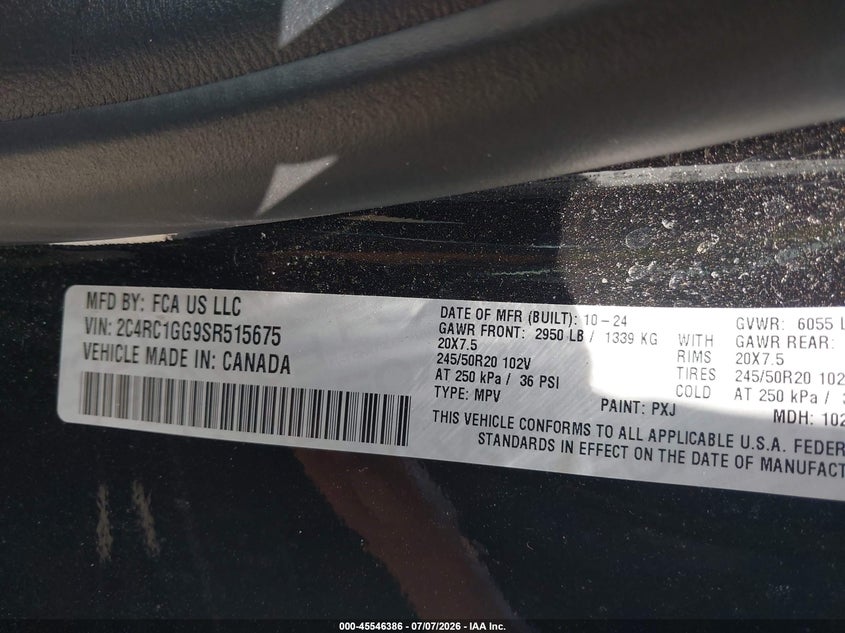 2025 Chrysler Pacifica VIN 2C4RC1GG9SR515675 IAAI salvage auction — HAIL, Enterprise Vehicles Clear Only (Texas), sold $22,600 on 2026-07-29 (photo 9)