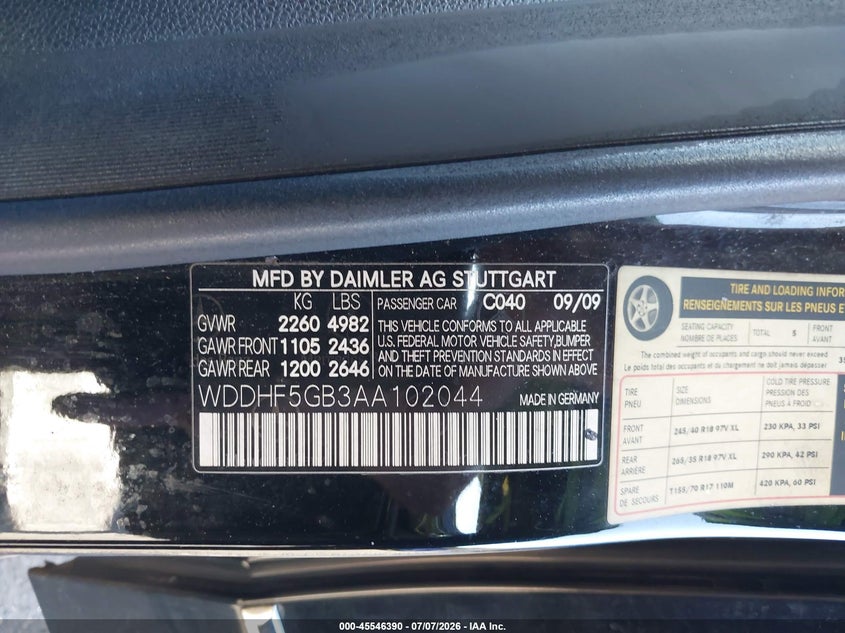 2010 Mercedes-benz E-class VIN WDDHF5GB3AA102044 IAAI salvage auction — REAR END, Salvage Certificate (California), sold $550 on 2026-07-17 (photo 9)