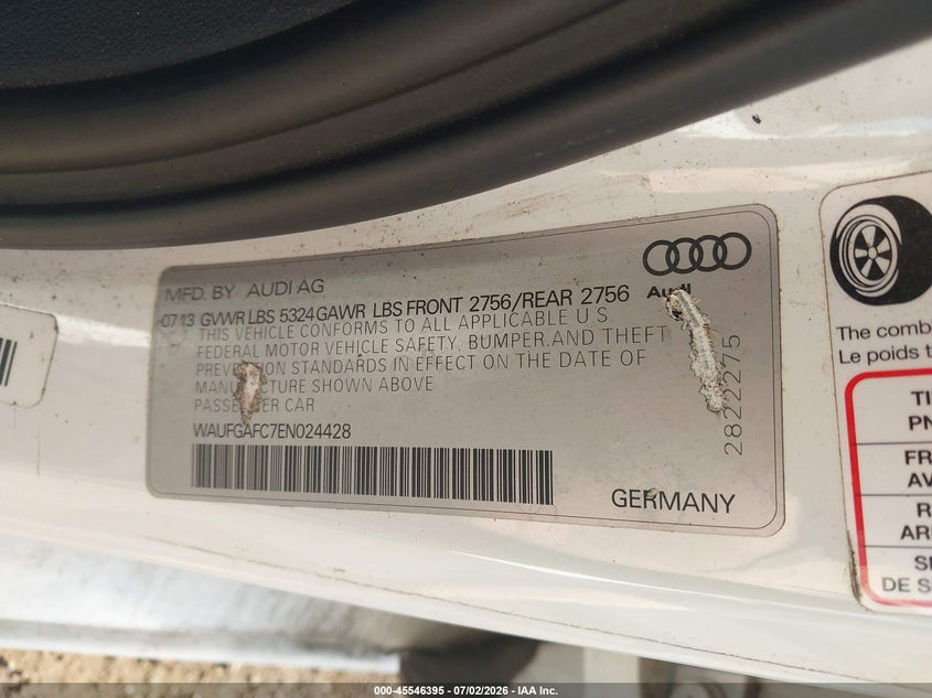 2014 Audi A6 VIN WAUFGAFC7EN024428 IAAI salvage auction — NORMAL WEAR, Clear (New York), sold $2,850 on 2026-07-14 (photo 9)