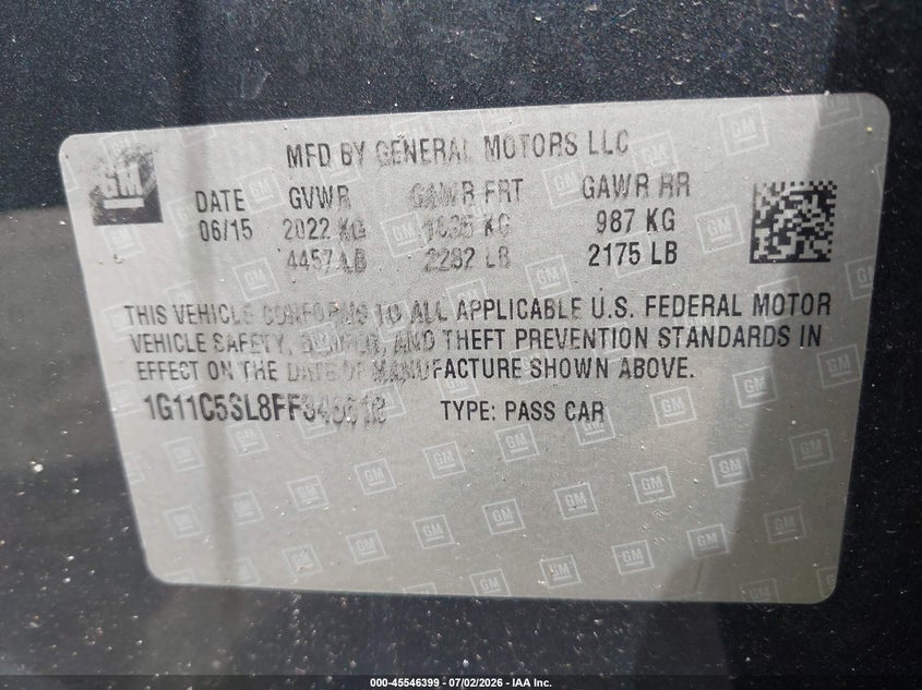 2015 Chevrolet Malibu VIN 1G11C5SL8FF346618 IAAI salvage auction — SIDE, Salvage Title, sold $825 on 2026-07-18 (photo 9)