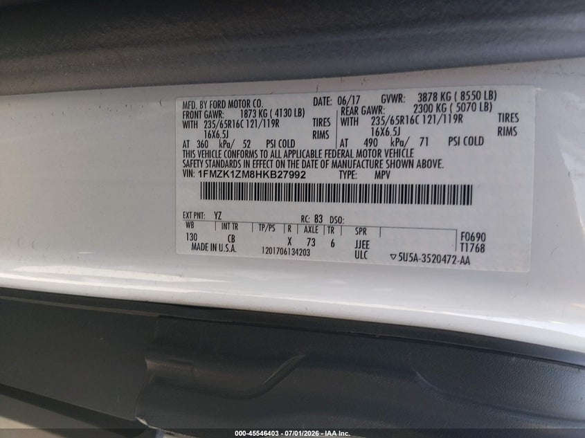 2017 Ford Transit 150 VIN 1FMZK1ZM8HKB27992 IAAI salvage auction — NORMAL WEAR, Sf97 (California), sold $20,000 on 2026-07-30 (photo 9)