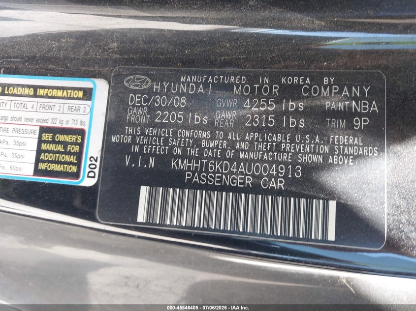 2010 Hyundai Genesis VIN KMHHT6KD4AU004913 IAAI salvage auction — NORMAL WEAR, Salvage Title - Dealer (California), sold $375 on 2026-07-16 (photo 9)