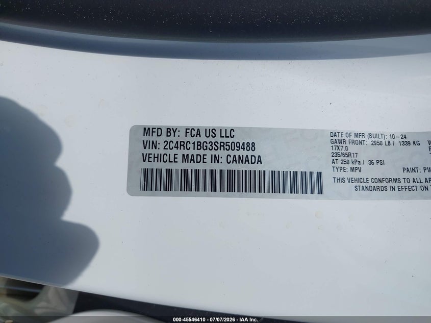 2025 Chrysler Pacifica VIN 2C4RC1BG3SR509488 IAAI salvage auction — HAIL, Enterprise Vehicles Clear Only (Florida), sold $18,400 on 2026-07-29 (photo 9)