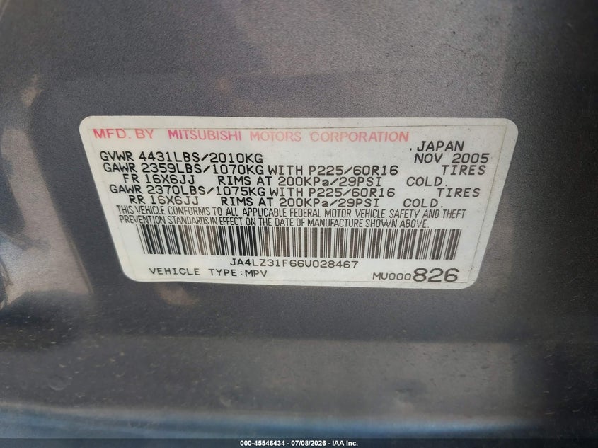 2006 Mitsubishi Outlander VIN JA4LZ31F66U028467 IAAI salvage auction — REAR END, Certificate Of Title (Nebraska), sold $650 on 2026-07-29 (photo 9)