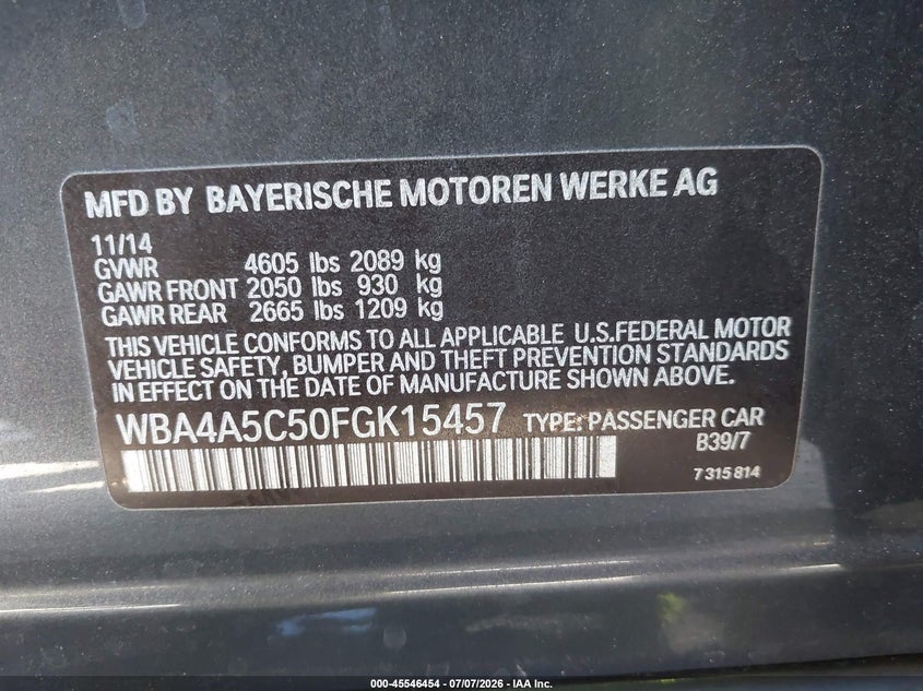 2015 BMW 4er VIN WBA4A5C50FGK15457 IAAI salvage auction — SIDE, Salvage Title, sold $2,250 on 2026-08-12 (photo 9)