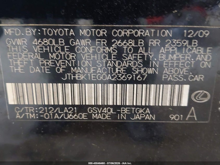 2010 Lexus Es 350 VIN JTHBK1EG0A2369167 IAAI salvage auction — NORMAL WEAR, Clear (Georgia), sold $825 on 2026-07-22 (photo 9)