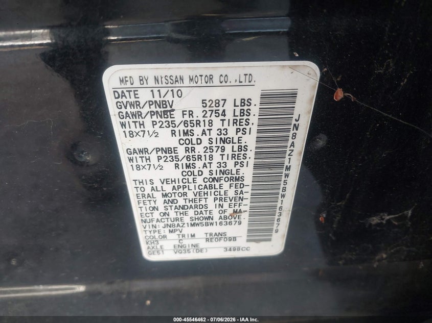 2011 Nissan Murano VIN JN8AZ1MW5BW163679 IAAI salvage auction — NORMAL WEAR, Clear-Dealer Only (North Carolina), sold $750 on 2026-07-20 (photo 9)
