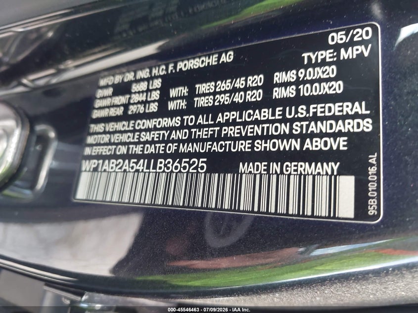 2020 Porsche Macan VIN WP1AB2A54LLB36525 IAAI salvage auction — FRONT END, Salvage Title, sold $18,150 on 2026-08-17 (photo 9)