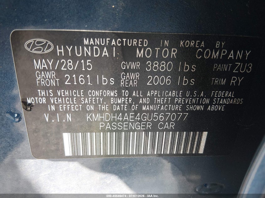 2016 Hyundai Elantra VIN KMHDH4AE4GU567077 IAAI salvage auction — RIGHT SIDE, Salvage Title, sold $825 on 2026-08-03 (photo 9)