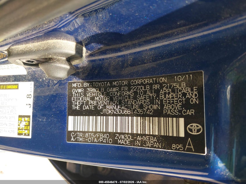 2011 Toyota Prius VIN JTDKN3DU6B1435742 IAAI salvage auction — NORMAL WEAR, Clear - Public Restricted (Oklahoma), sold $900 on 2026-07-20 (photo 9)
