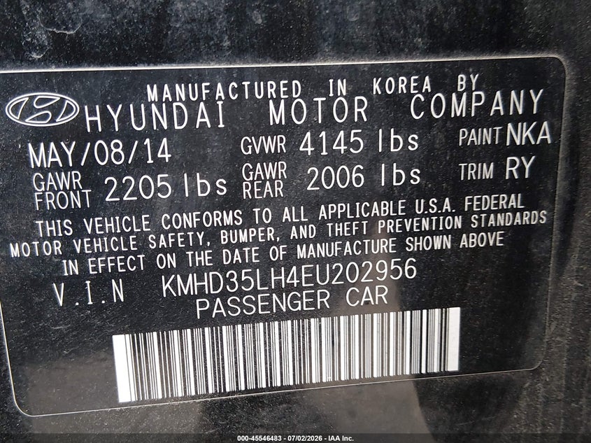2014 Hyundai Elantra VIN KMHD35LH4EU202956 IAAI salvage auction — NORMAL WEAR, Clear (Washington), sold $425 on 2026-07-29 (photo 9)