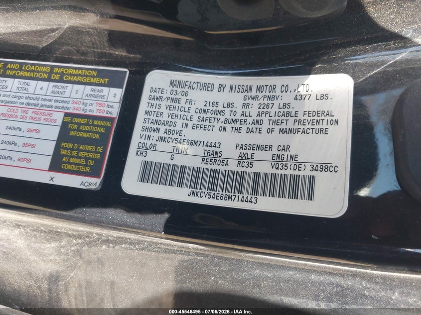 2006 Infiniti G35 VIN JNKCV54E66M714443 IAAI salvage auction — NORMAL WEAR, Salvage (California), sold $275 on 2026-07-28 (photo 9)