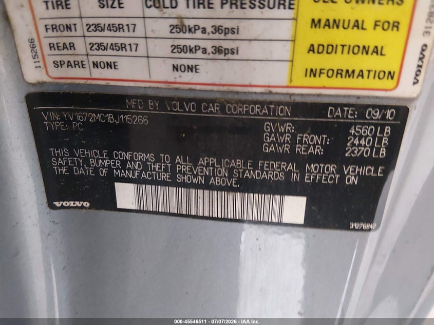 2011 Volvo C70 VIN YV1672MC1BJ115266 IAAI salvage auction — NORMAL WEAR, Clear (Tennessee), sold $650 on 2026-07-27 (photo 9)
