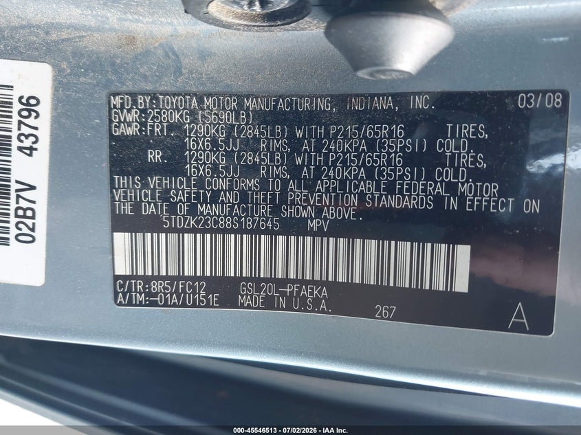 2008 Toyota Sienna VIN 5TDZK23C88S187645 IAAI salvage auction — NORMAL WEAR, Clear (New York), sold $400 on 2026-07-28 (photo 9)